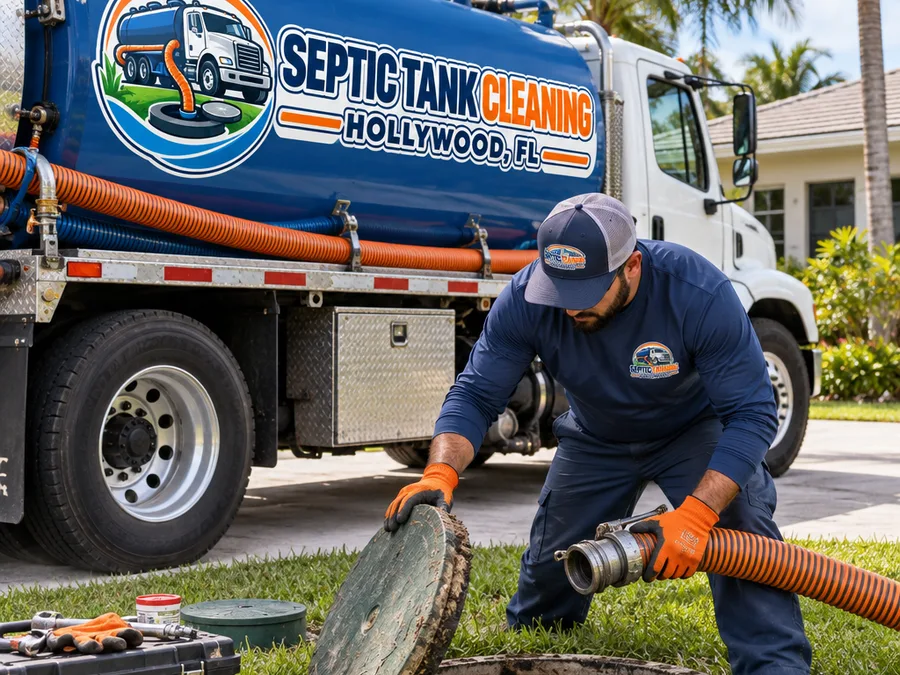 Crew member preparing a septic tank access lid and vacuum hose connection with safety equipment nearby