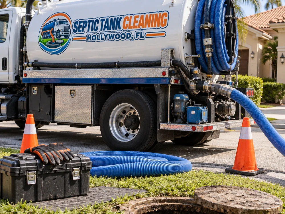 Organized septic service truck equipment, hoses, and safety gear staged for a residential pumping job